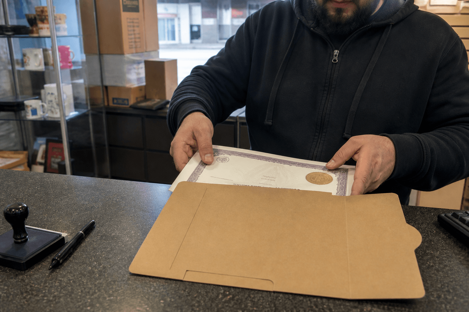 Certificate sealed into a rigid document mailer at Bengal Enterprise
