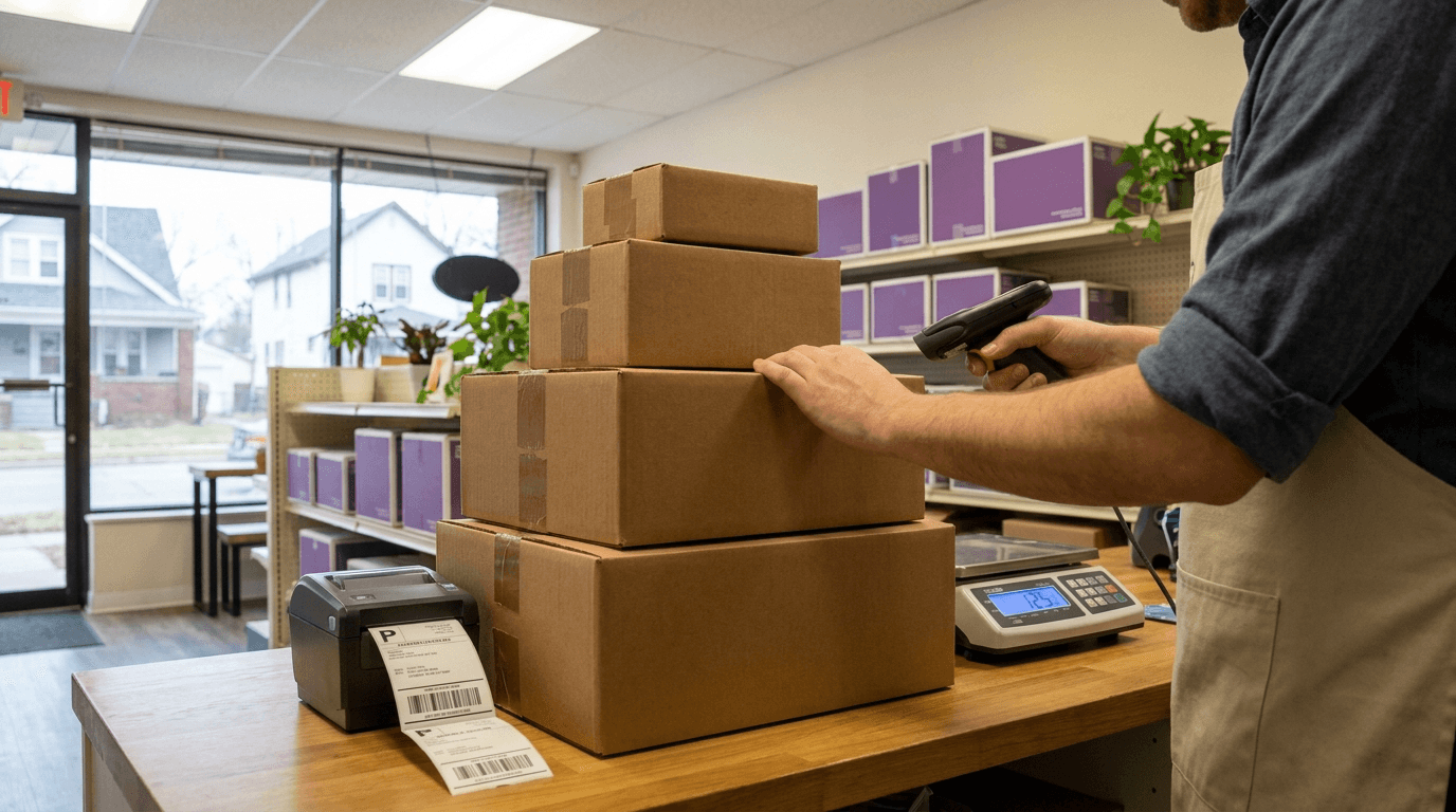 FedEx shipping counter — boxes scanned and labeled at Bengal Enterprise