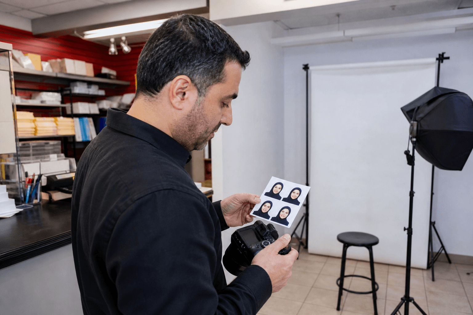 Passport photo corner with backdrop and printed 2x2 photos