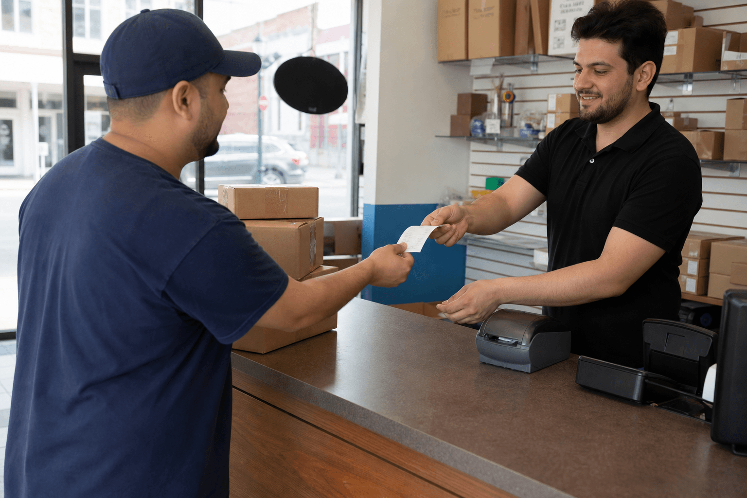 Customer dropping off parcels and receiving a printed receipt