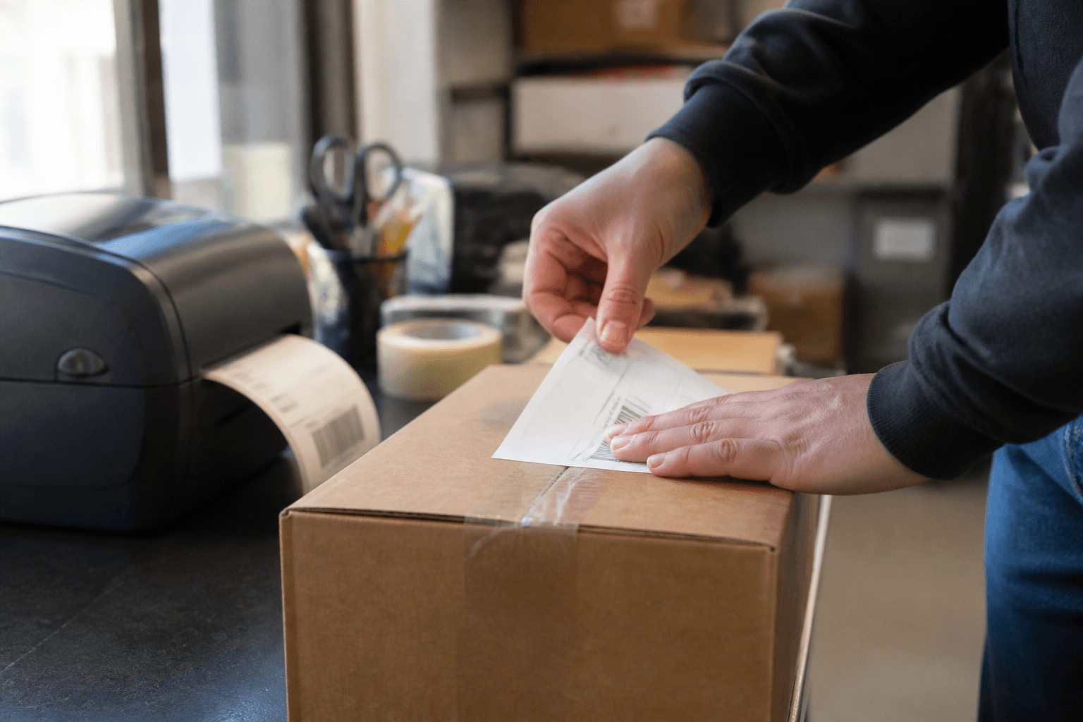 Shipping label printed and applied to a parcel