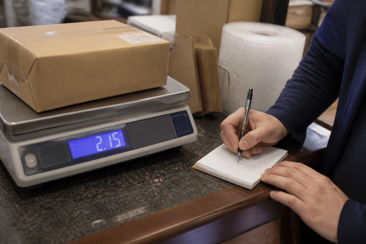 Parcel weighed on a digital scale with the price noted transparently